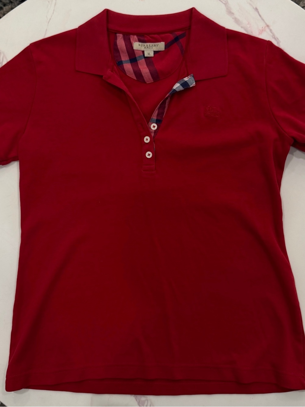 Burberry Red Polo with Plaid Trim
